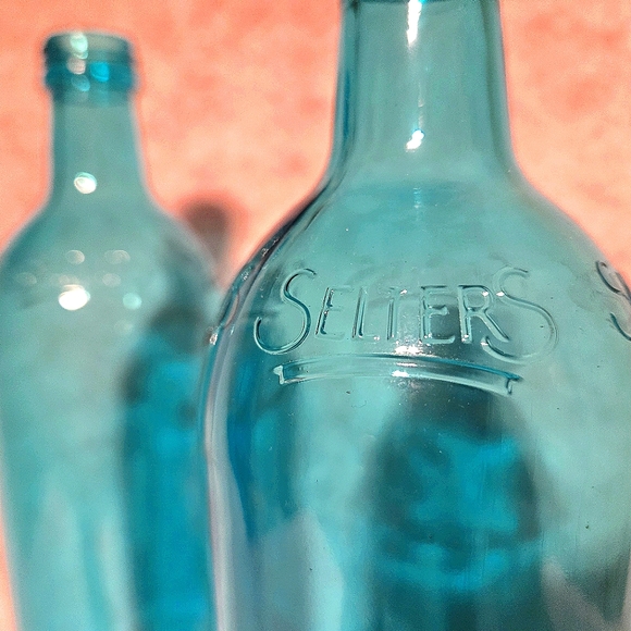Seltzer Bottles Aqua Blue Glass Set of 2 VTG Antique Reproductions - Picture 2 of 6